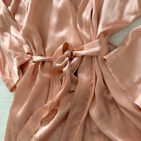 Silksilky Peach 100% Silk Robe Short Kimono Wrap Women's LG  Loungewear Bridal - Picture 8 of 13